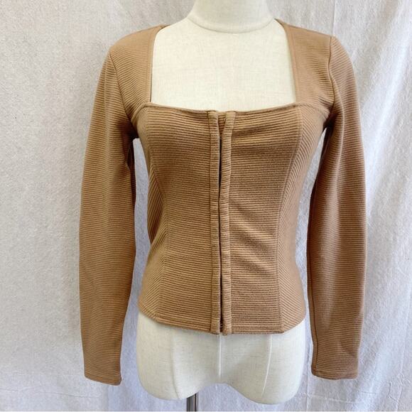 BB Dakota for Anthropologie Tan/Camel Ribbed Corset Hook & Eye Top Size Small - Picture 1 of 15